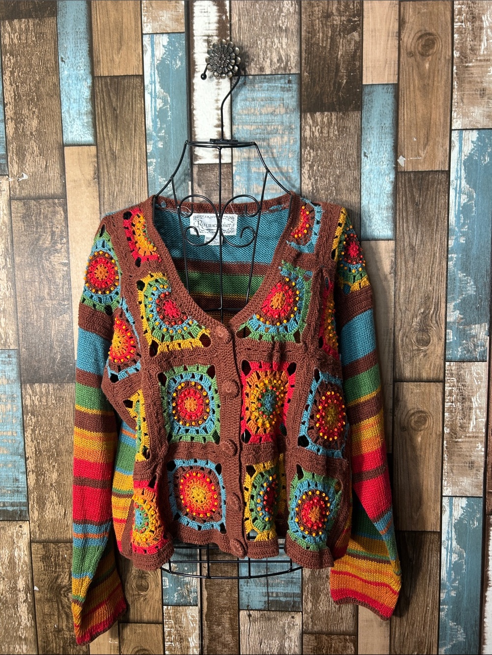 Boho Crochet-Panel Multicolor Women's Cardigan Sweater